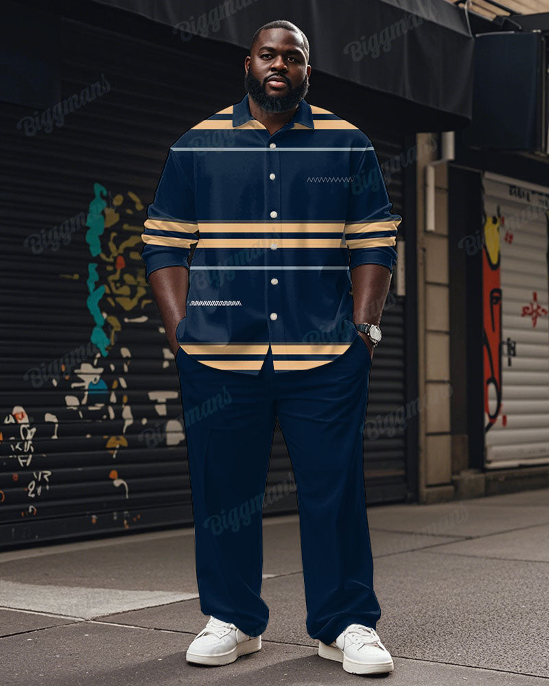 Men's Plus Size Blue Khaki Colorblock Striped Print Long Sleeve Shirt Trousers Suit