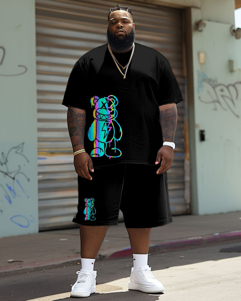 Men's Plus Size Casual Phantom Bear Print T-Shirt Shorts Set