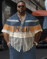 Men's Plus Size Men's Contrast Houndstooth Polo Print hort sleeve shirt shorts suit