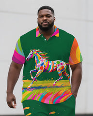 Big Guy's Dreamy Animal Running Horse Printed Casual Short-Sleeve Polo Shirt & Shorts Set
