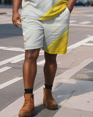 Big & Tall Men's Business Yellow Brush Stroke Line Graffiti Print Short Sleeve Polo Shirt Shorts Suit
