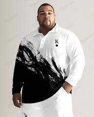 Fashion Casual Ink Letter Printing Long Sleeve Polo Lapel 2 Piece Set Men's Plus Size