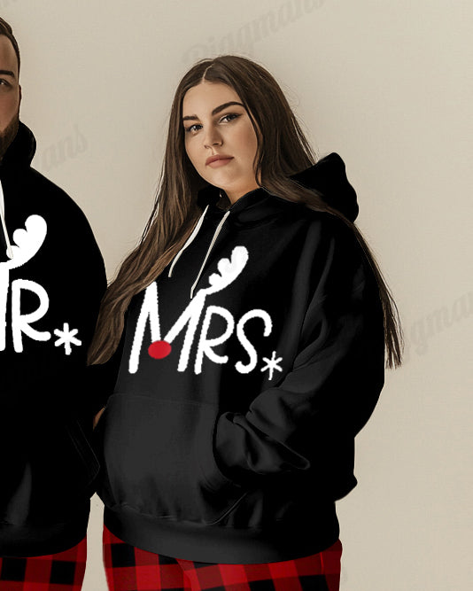 Couple Fashion Casual Big and Tall Simple Plaid Christmas Letter Print Hoodie Set