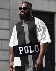 Big Men's Black & White Color Block Splicing Letter POLO Printed Short Sleeve T-shirt Shorts Set