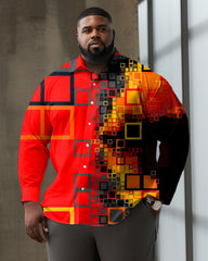 Men's Large Size Casual Business Square Geometric Textured Lapel Long Sleeve Shirt