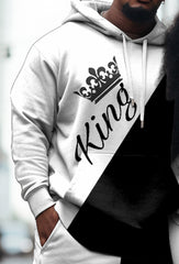 Couple's Large Size Casual Couple Outfit Color Blocked KING QUEEN Hoodie Set