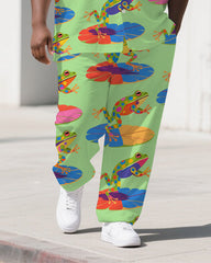 Big Men's Animal Cartoon World Frog Printed Short-Sleeve Shirt Pants 2-Piece Sets