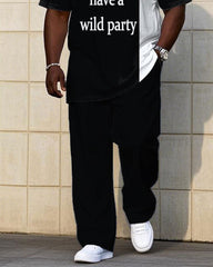 Men's Plus Size Black & White Colorblock "Let's Party Together" Slogan Printed Short Sleeve T-Shirt Trousers Suit