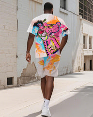 Men's Plus Size Pink Graffiti Abstract Cartoon Print Short-sleeved T-shirt Shorts Suit