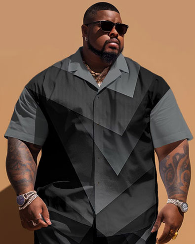 Big Men's Simple Geometric Print Short Sleeve Shirt Shorts Set
