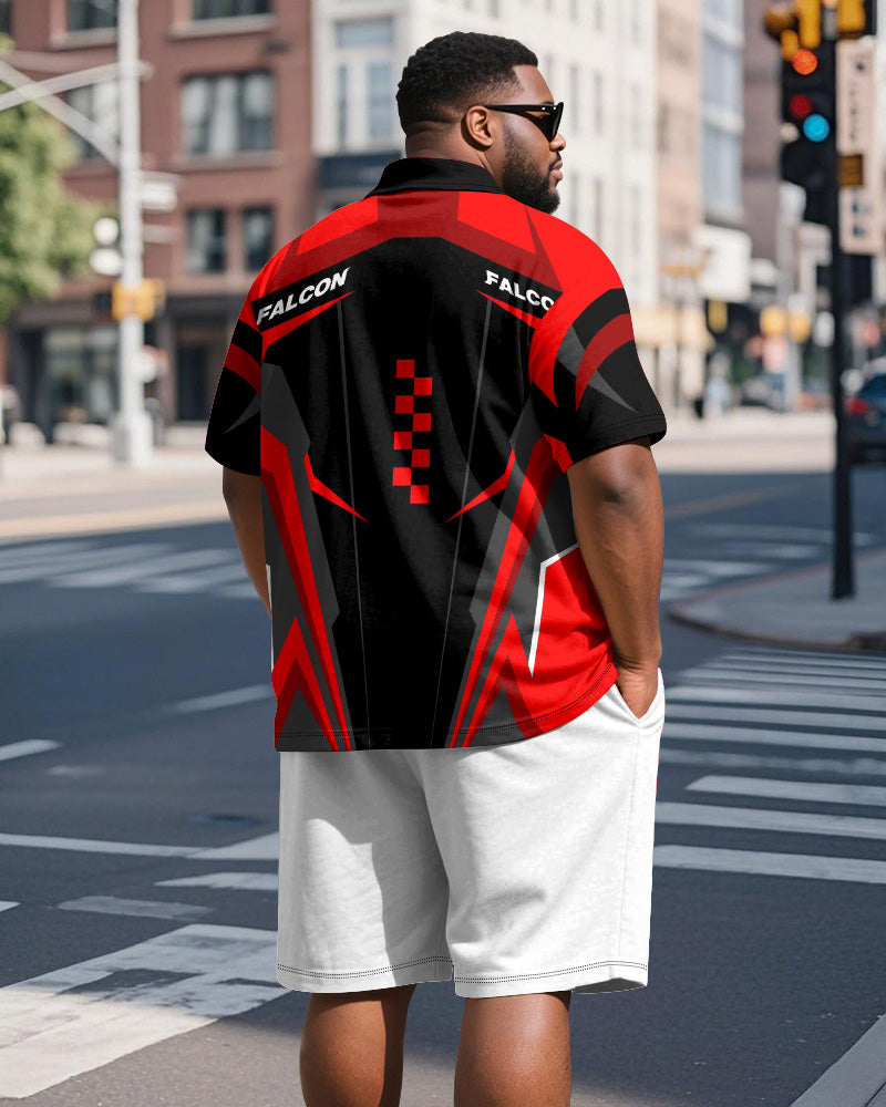 Big & Tall Men's Sports Geometric Alphabet Print Short Sleeve Polo Shirt Shorts Suit