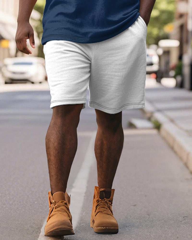 Men's Plus Size Business Blue Stripe Print Short Sleeve Polo Shirt Shorts Suit
