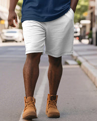 Men's Plus Size Business Blue Stripe Print Short Sleeve Polo Shirt Shorts Suit