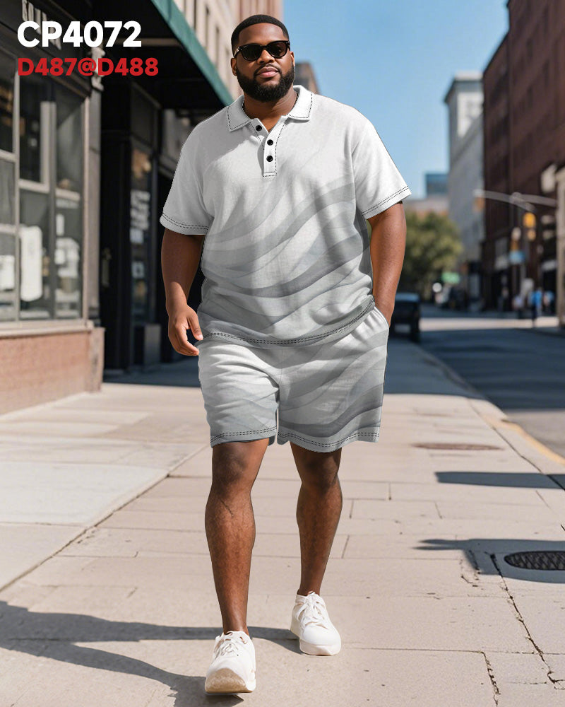 Big & Tall Men's Business Light Gray Line Gradient Print Short-sleeved Polo Shirt Shorts Suit