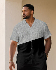 Men's Plus Size Gray Texture Fabric Stitching Black Fashion Short Sleeve Shirt Shorts Suit
