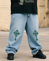 Plus Size Men Retro Jesus You Just Pray Money Printed T-Shirt Denim Pants Suit
