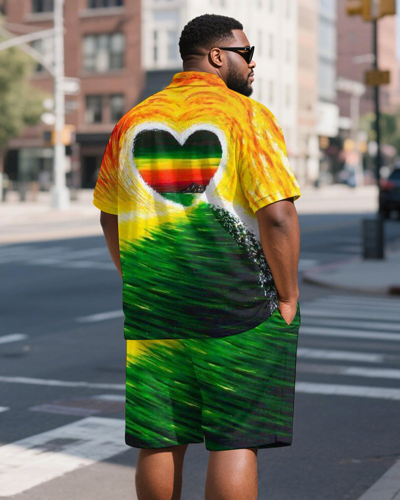 Men's Plus Size Green Yellow Red Gradient Love Print Short Sleeve Polo Shirt Shorts Suit