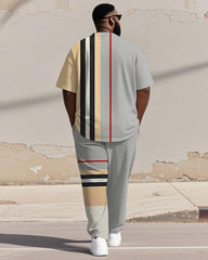 Men's Plus Size Light Gray Khaki Colorblock Stripe Print Henley Collar T-Shirt Pants Suit