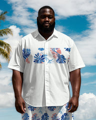 Big Men's Splicing Wide Stripe Simple Cartoon Leave Printed Short Sleeve Shirt Shorts Set
