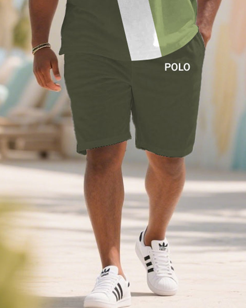 Big & Tall Men's Summer Green & White Striped Polo Short Sleeve Shirt Shorts Suit