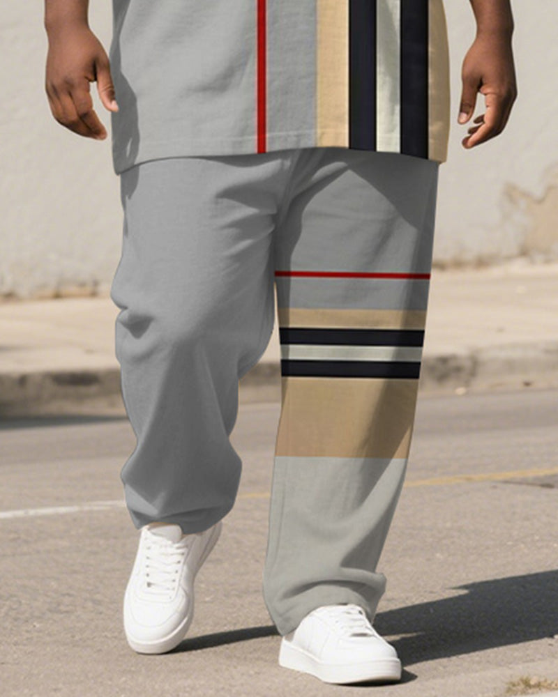 Men's Plus Size Light Gray Khaki Colorblock Stripe Print Henley Collar T-Shirt Pants Suit