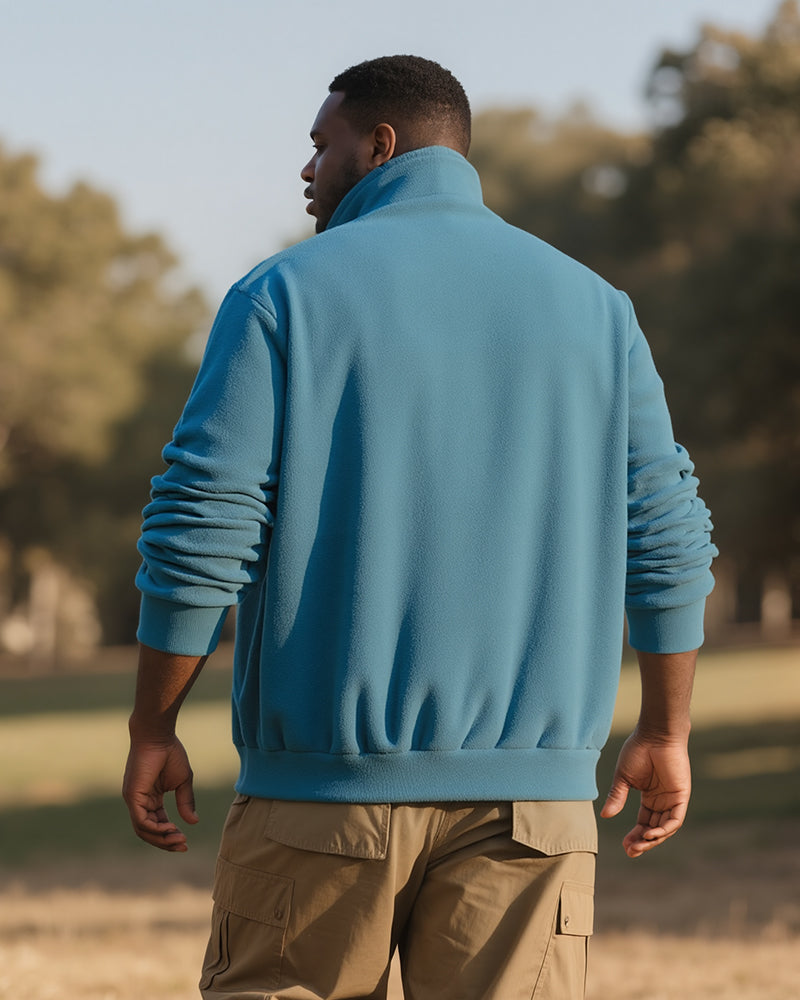 Big & Tall Men's Blue-Fall/Winter Solid Color Polar Fleece Fabric Metal Zipper Collar POLO Long Sleeve