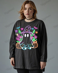 Cute Ghost Print Wash Cotton Round Neck Long Sleeve Plus Size Top