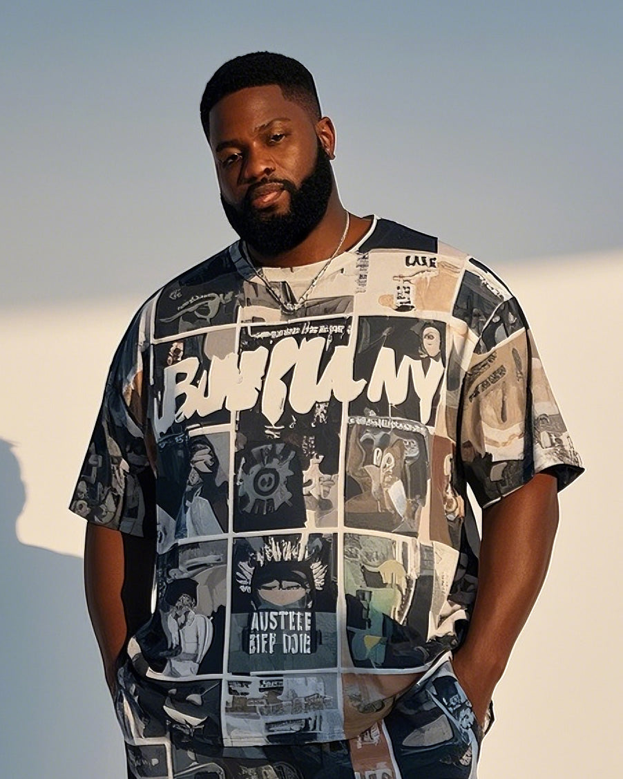Big Boy Street Fashion Comic Puzzle Print Short Sleeve T-Shirt Shorts Suit