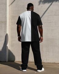 Men's Plus Size Casual White & Black Classic Color Matching Short-sleeved T-shirt Trousers Suit