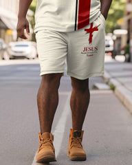 Big & Tall Men's Business Apricot Colorblock Striped Cross Print Short Sleeve Polo Shirt Shorts Suit