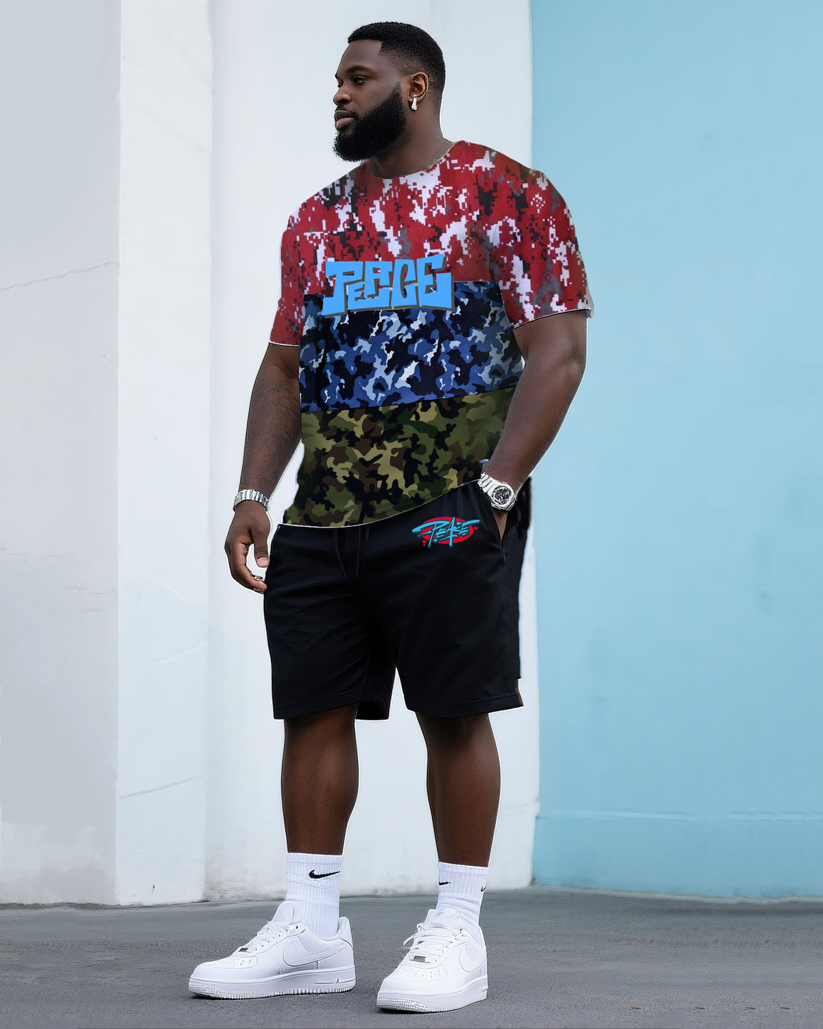 Big & Tall Men's Street Fashion Creative Three Color Camouflage Stitching Printing Peace Creative Design Crewneck T-shirt Shorts Suit