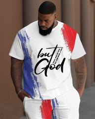 Men's Plus Size Street Fashion Graffiti But God Letter Print T-Shirt Trousers Suit