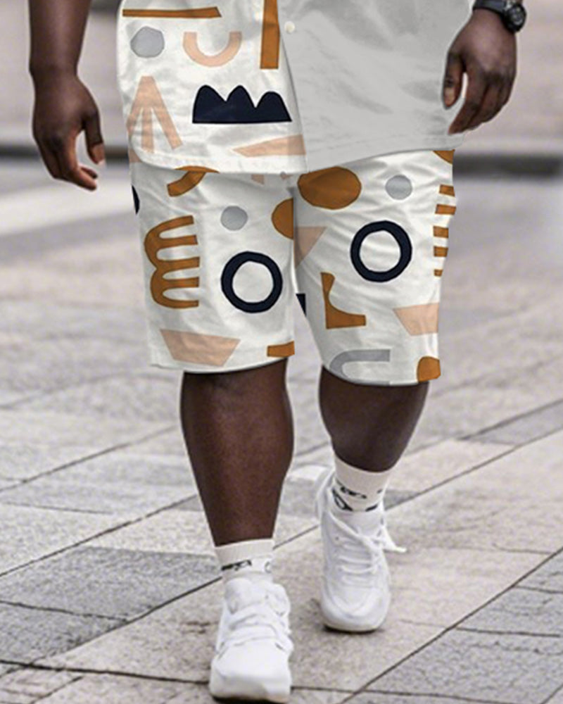 Men's Plus Size Street Fashion Grey Colorblock Geometric Print Shirt Shorts Suit