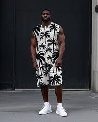 Big Men's Casual Fashion Black Coconut Trees Printed Hawaiian Vest and Shorts Set