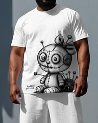 Men's Cartoon Sewing Doll Print Casual Breathable Big & Tall Short-Sleeve T-shirt Shorts Set