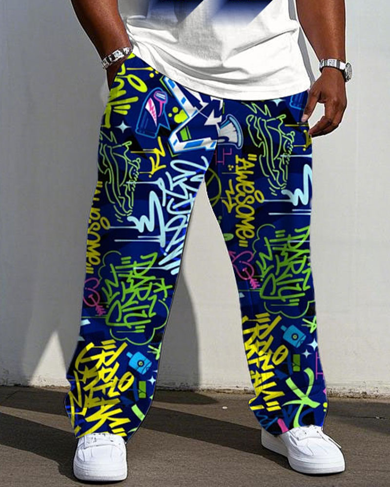 Men's Big & Tall Street Graffiti Design "A" 3D Gradient Printing Short-sleeved T-shirt Trousers Set