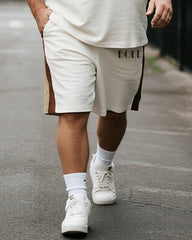 Big & Tall Men's White Khaki BOLD Alphabet Print Round Neck Short Sleeve T-Shirt Shorts Suit