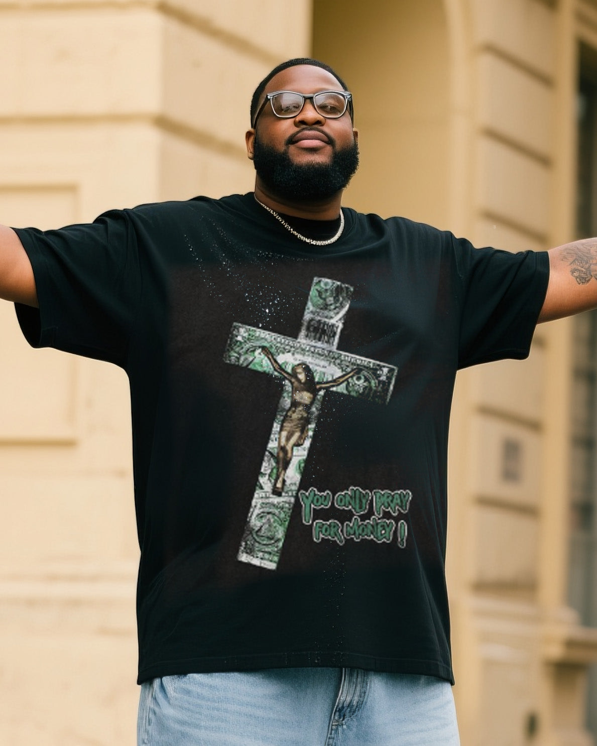 Plus Size Men Retro Jesus You Just Pray Money Printed T-Shirt Denim Pants Suit