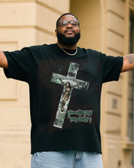 Plus Size Men Retro Jesus You Just Pray Money Printed T-Shirt Denim Pants Suit
