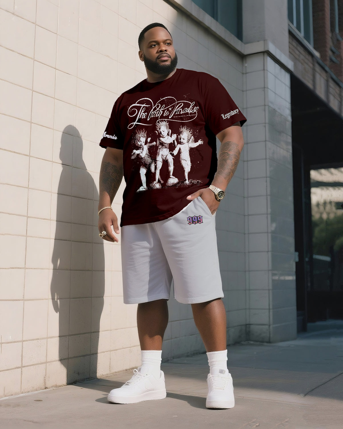 Big & Tall Men's Street Fashion Art Design Little Angel Crewneck T-Shirt Shorts Suit