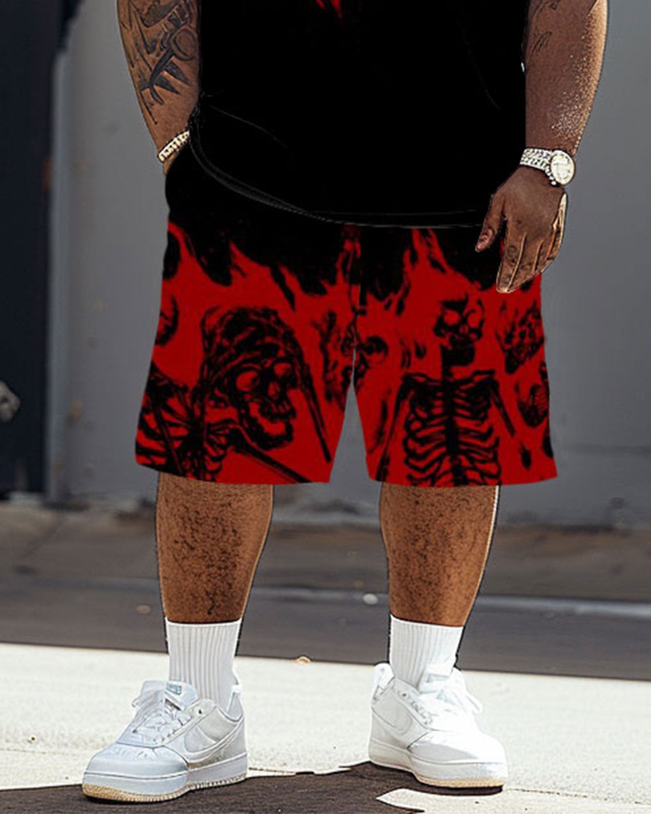 Men's Big & Tall Street Fashion Horror Skeletons In Fire Print T-Shirt Shorts Set