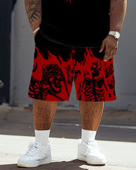 Men's Big & Tall Street Fashion Horror Skeletons In Fire Print T-Shirt Shorts Set