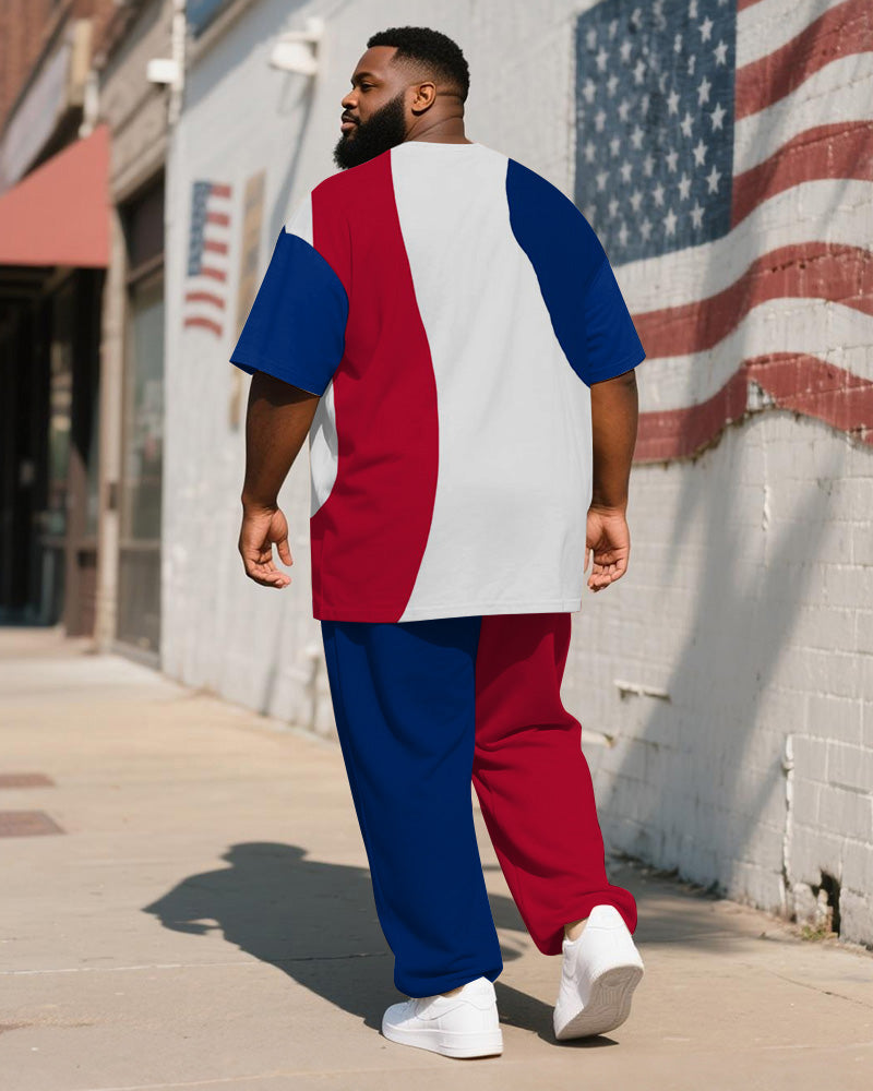 Men's Plus Size Independence Day Blue And Red Color Block Geometric USA Letter Printed T-shirt Trousers Suit