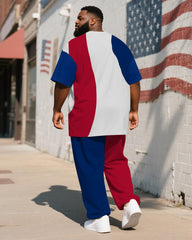 Men's Plus Size Independence Day Blue And Red Color Block Geometric USA Letter Printed T-shirt Trousers Suit