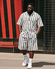 Big Man's Simple Stripe Stitching Color Block Printing Short Sleeve Shirt Shorts Suit