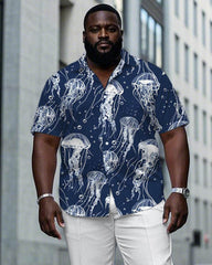 Hawaiian Sea Jellyfish Pattern Short Sleeve Shirt Trousers Suit Men's Plus Size