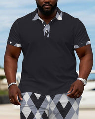 Men's Plus Size Royal Blue Diamond Pattern Signature Collar Short Sleeve Polo Shirt Shorts Suit