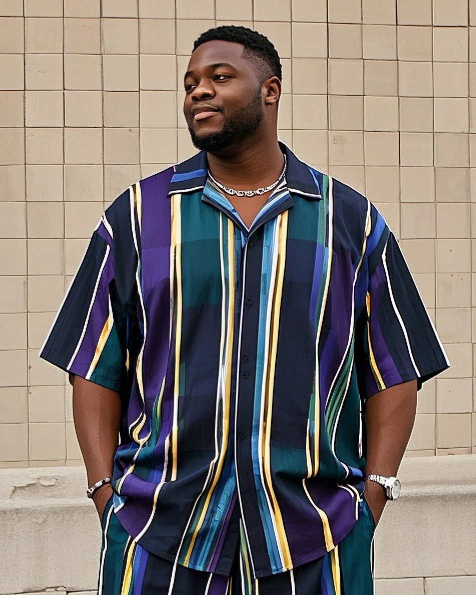 Big Men's-Hot Striped Color Block Printing Short Sleeve Shirt Shorts Suit