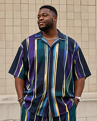 Big Men's-Hot Striped Color Block Printing Short Sleeve Shirt Shorts Suit