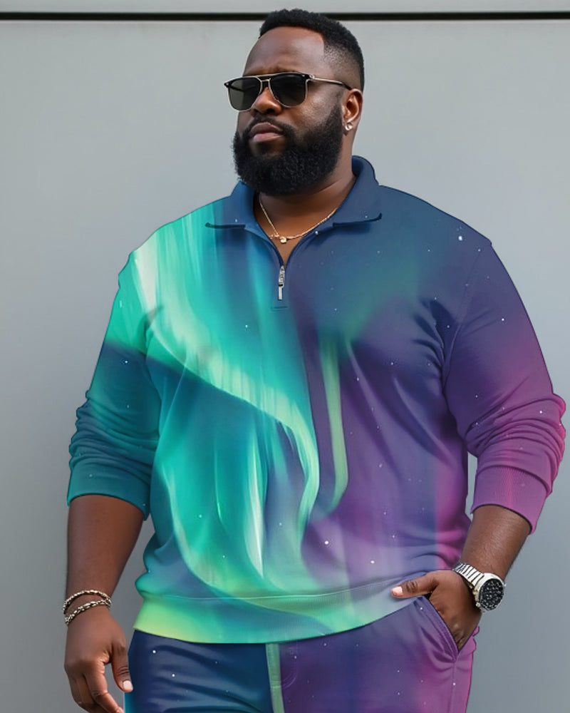 Men's Plus Size Aurora Borealis Long Sleeve Polo Shirt and Pants Set
